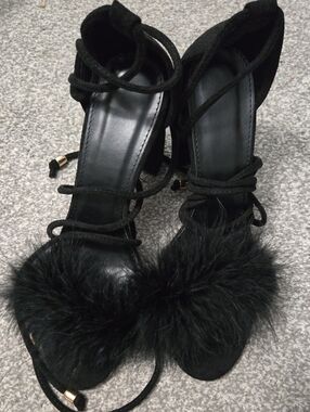 Black Faux Fur Lace-Up Block Heel Sandals